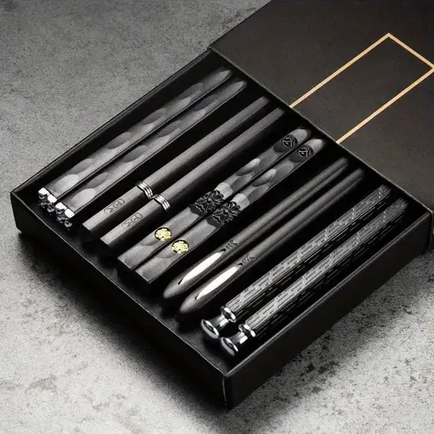 Fiberglass Chopsticks 5-Pair Set - 9.5in Durable Angular, Thick Ergonomic Non-Slip Handle, BPA-Free Eco-Friendly Dishwasher-Safe Black-Silver Alloy Kitchenware Cutlery for Asian Food, Floral Cherry Blossom Gift for First-Time Users