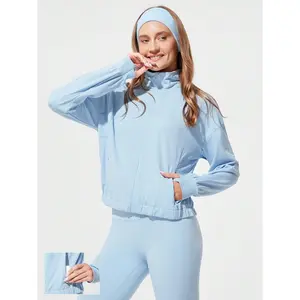 GLOWMODE Sweat-Wicking Quick-Dry Take A Stand Collar Sport Long Sleeve Jacket With Hidden Pockets Thumbholes Daily Casual  Spring Summer