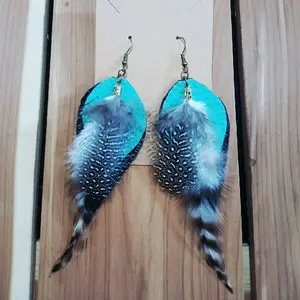 4" Black & Teal Faux Leather Feather Earring with Elegant Design