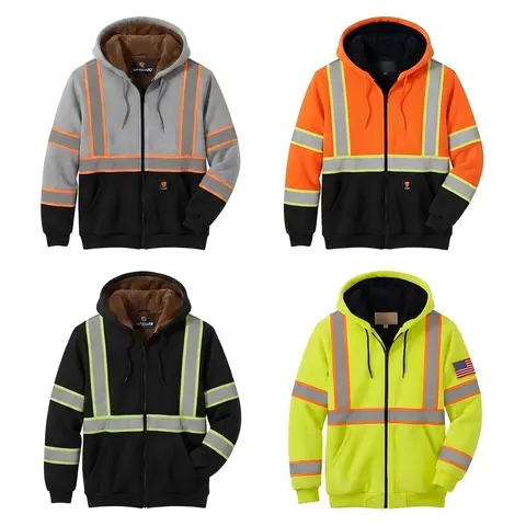 Men's 0515 Winter Heavyweight Fleece Blend Insulated Fur-Lined Hood Jacket with Reflective Tape - Long Sleeve, Fitted Cut, Crew Neck, Stylish, Warm, Comfortable Outdoor Casual Hoodie for Male Clothing, Guys Gifts