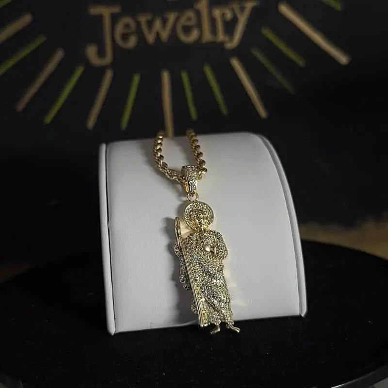 Gold Plated Iced Saint Jude Beaded Pendant Necklace - Mid-Size, 24in 4mm Gold Color Rope Chain, Fashionable Costume Jewelry, Faith Necklace Anniversary Gift Accessory