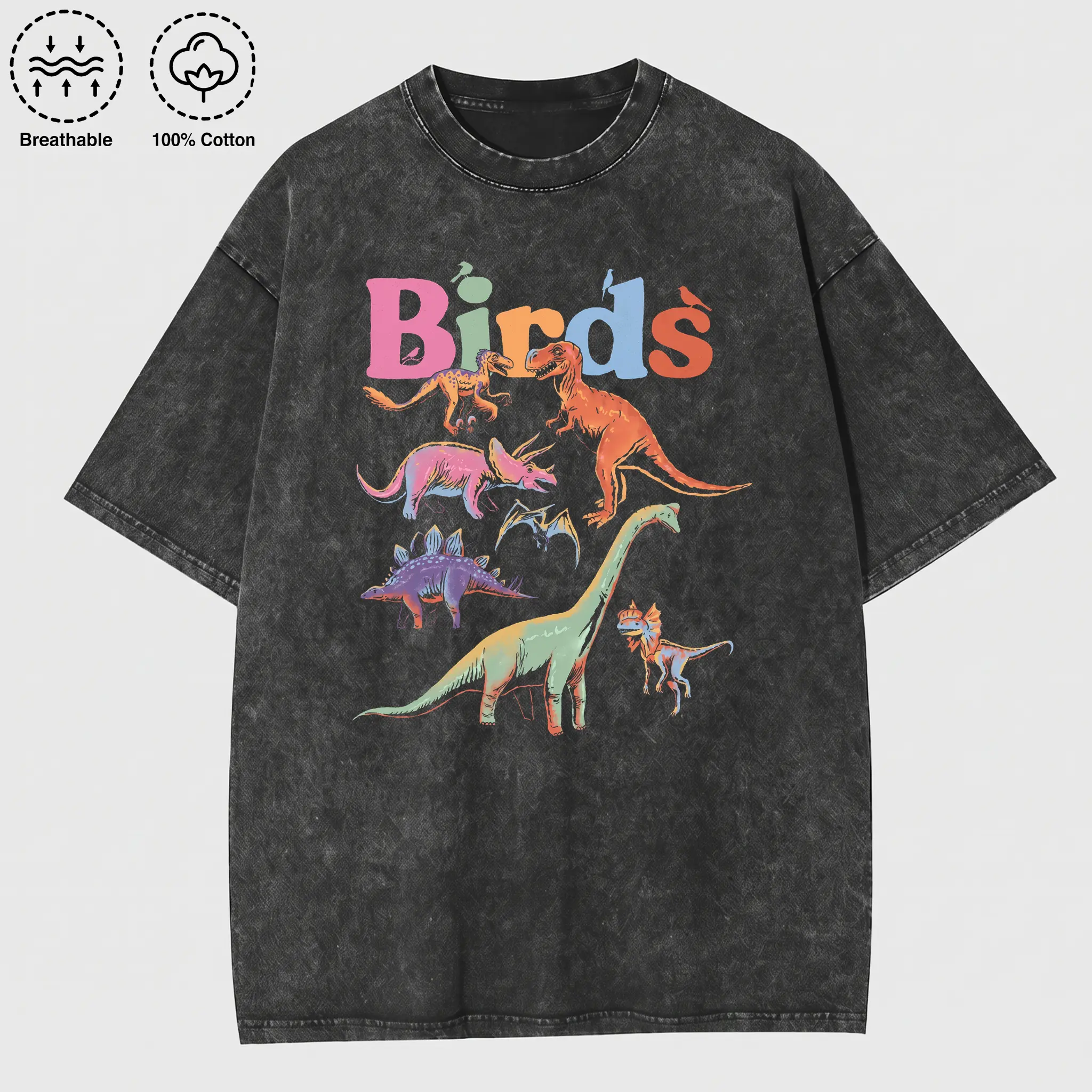 Retro Dinosaur Graphic Washed T-Shirt, Colorful Prehistoric Dino Print Tee with T-Rex, Triceratops & Brontosaurus, Vintage Distressed Oversized Streetwear, 100% Cotton Casual Top for Kids, Teens & Dino Lovers,Harajuku style, streetwear,Graphic te