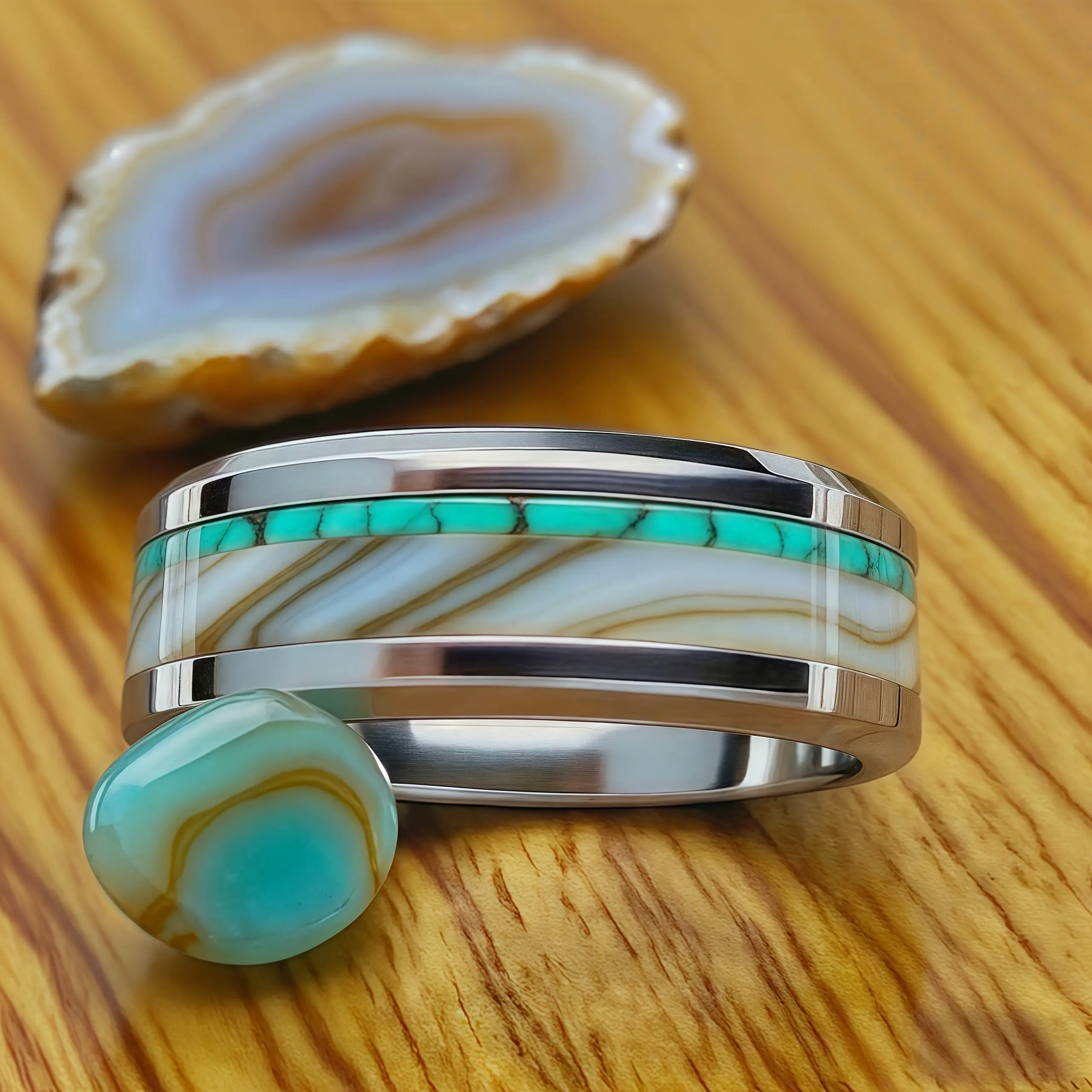 Men's Fashion 8MM Luxury Agate Stone Inlay Steel Ring Women Wedding Band Polished Stainless Steel Rings Party Accessories Gift