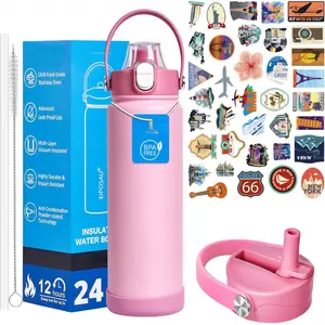 24 oz Insulated Water Bottle with Lid, Boot & Stickers - Stainless Steel Double Wall Vacuum Insulated Bottle, Sweat-Free Design Keeps Cold 24H, BPA-Free Wide Mouth Sports Water Bottle for Gym, Hiking, Camping - Leakproof Lid, Protective Boot, Reusable Pin