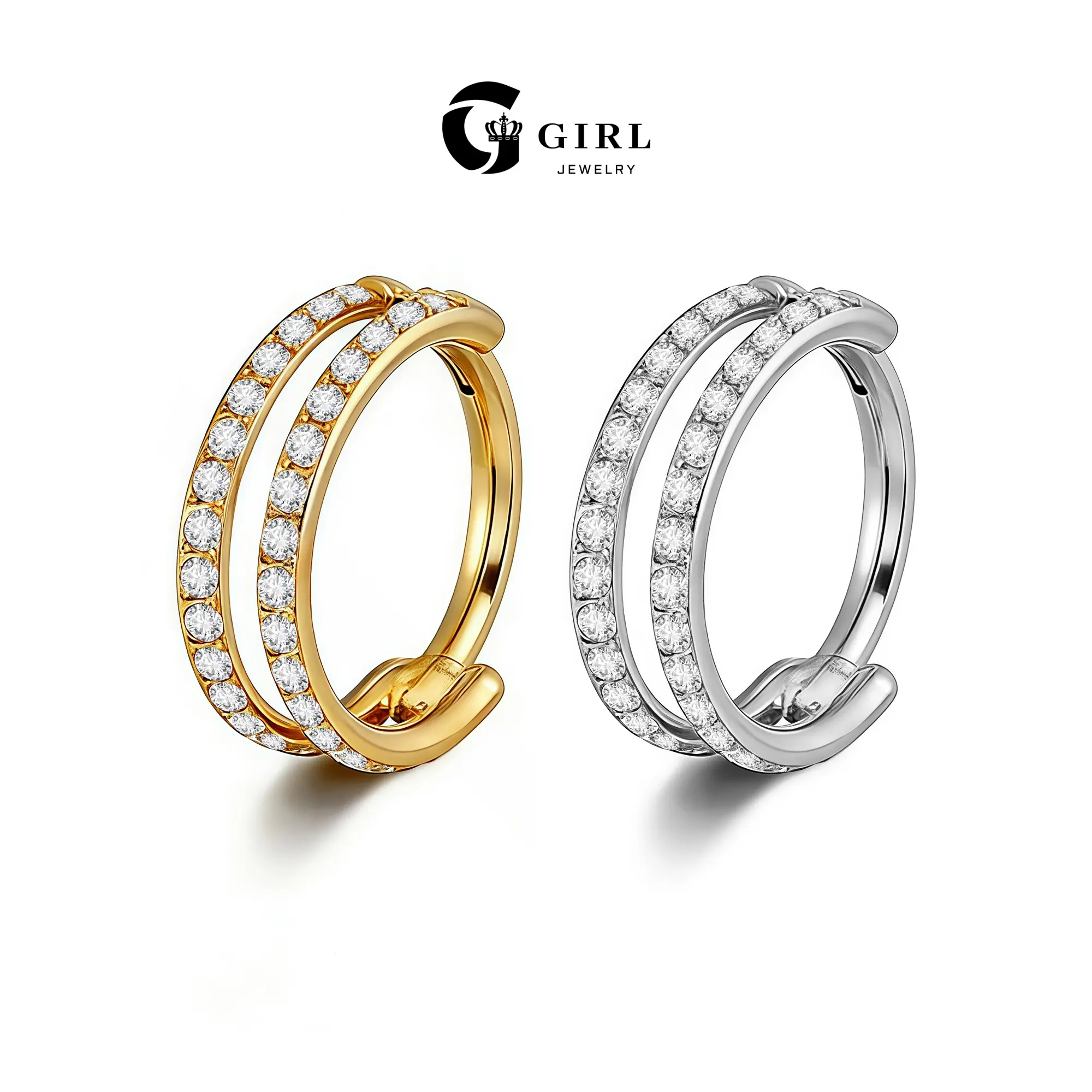 GGIRL 18K Gold Plated Hinged Segment Double Open Stack Cubic Zirconia Nose Hoop for Men Women, Titanium Alloy Helix Rook Conch Cartilage Daith Tragus Earrings, Fashion Jewelry Gifts for Daily Summer Beach Parties Holiday Birthdays Anniversaries Occasions