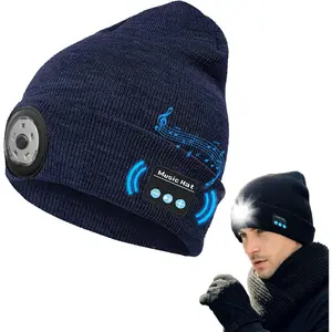Bluetooth Beanie with Light, Musical Knit Hat with Headphones and Built-in Speaker Mic, Gifts for Men Women Dad