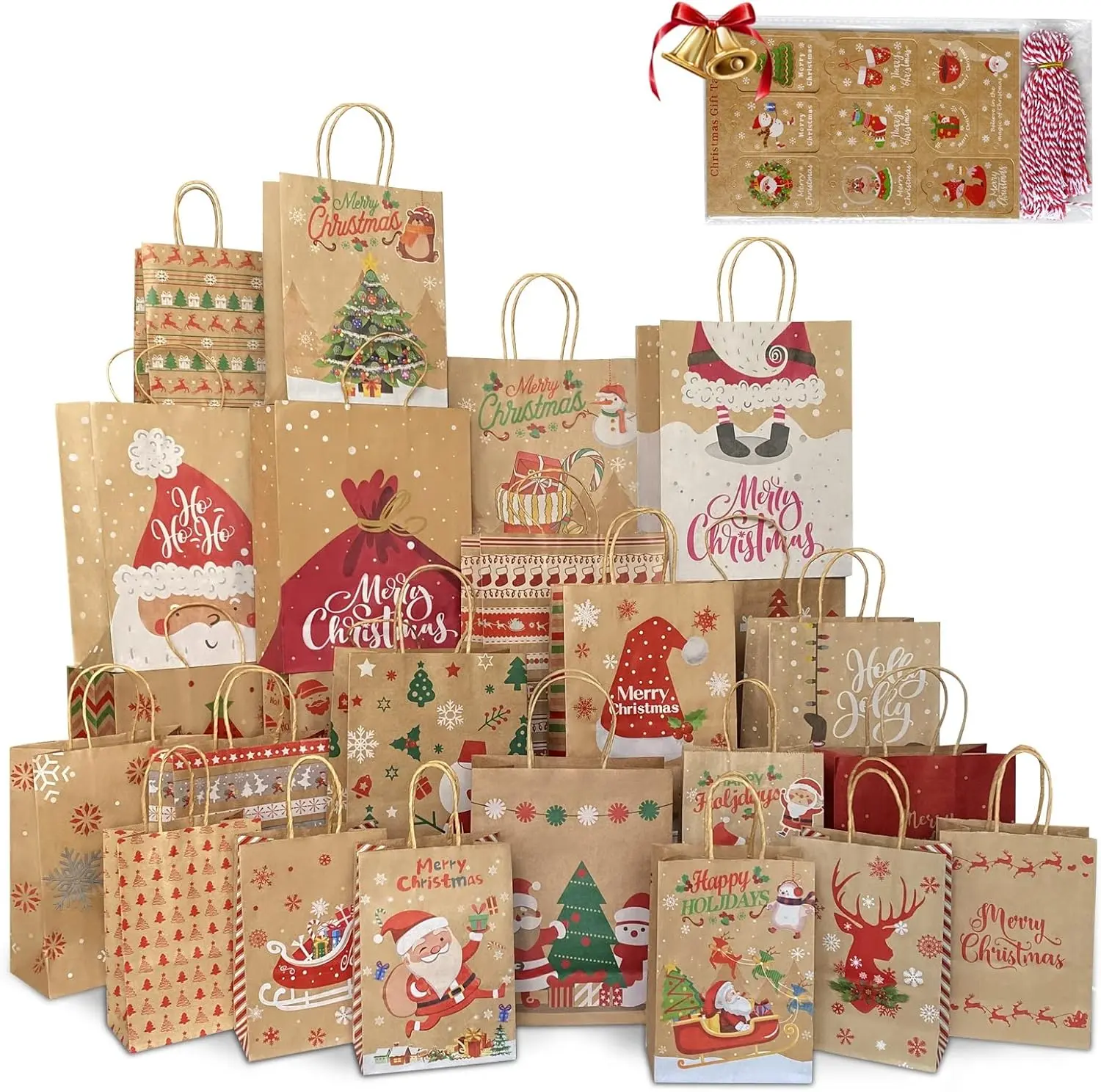 Christmas  Bags 24 Pack, Christmas  Paper Bags Bulk with Handles 24 Styles, Assorted Sizes Bag Set with 50 Tags, Xmas Holiday Paper Bags & Goody Bags, Favor Bags (8 large, 8 Medium, 8 Small)