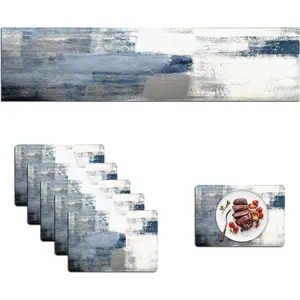 Dusty Blue Table Runner and Placemats Set of 6 Pieces, Pink Flower Placemats Art,Art Cloth Place Mats Indoor for,Washable Placemats for Dining Table