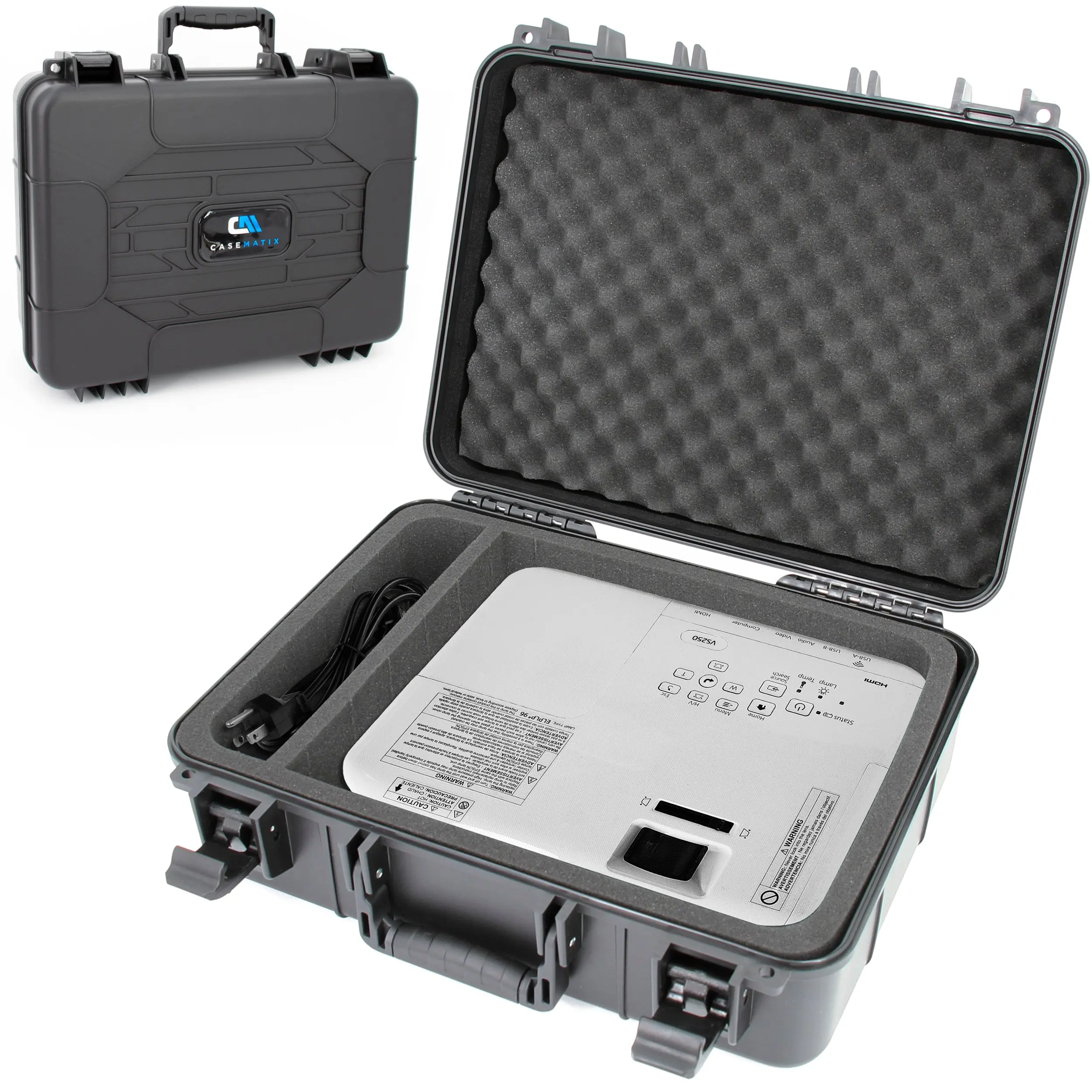 CASEMATIX Hard Shell Projector Travel Case Fits Epson VS250 VS350 VS355 with HDMI Remote - Custom Foam Compartments Shockproof Dustproof Impact Resistant - Handle
