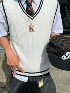 Men's Retro Casual V-Neck Sleeveless Knitswear, Colorblock Vest, Comfortable Fashion Daily Wear