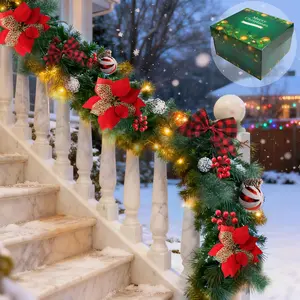 9FT Christmas Garland with 100 Lights  Operated,Artificial Prelit Garlands with Red Balls,Pine Cones,Cedar Branches,Christmas Decorations for Stairs Outdoor Indoor Holiday  Fireplace Decor