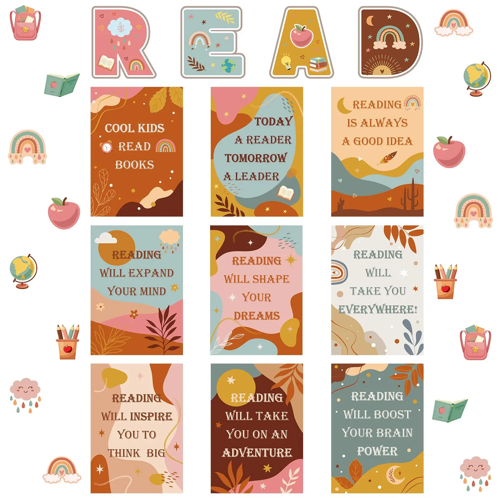45 Boho Reading Classroom Decorations Read Bulletin Board Set Inspirational Poster Retro Motivational Cutouts For