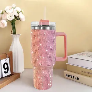 40oz Tumbler With Handle & Straw Lid, Studded Bling Design, Stainless Steel Double Wall Vacuum Insulated, Travel Mug Water Bottle, Fits Cup Holder