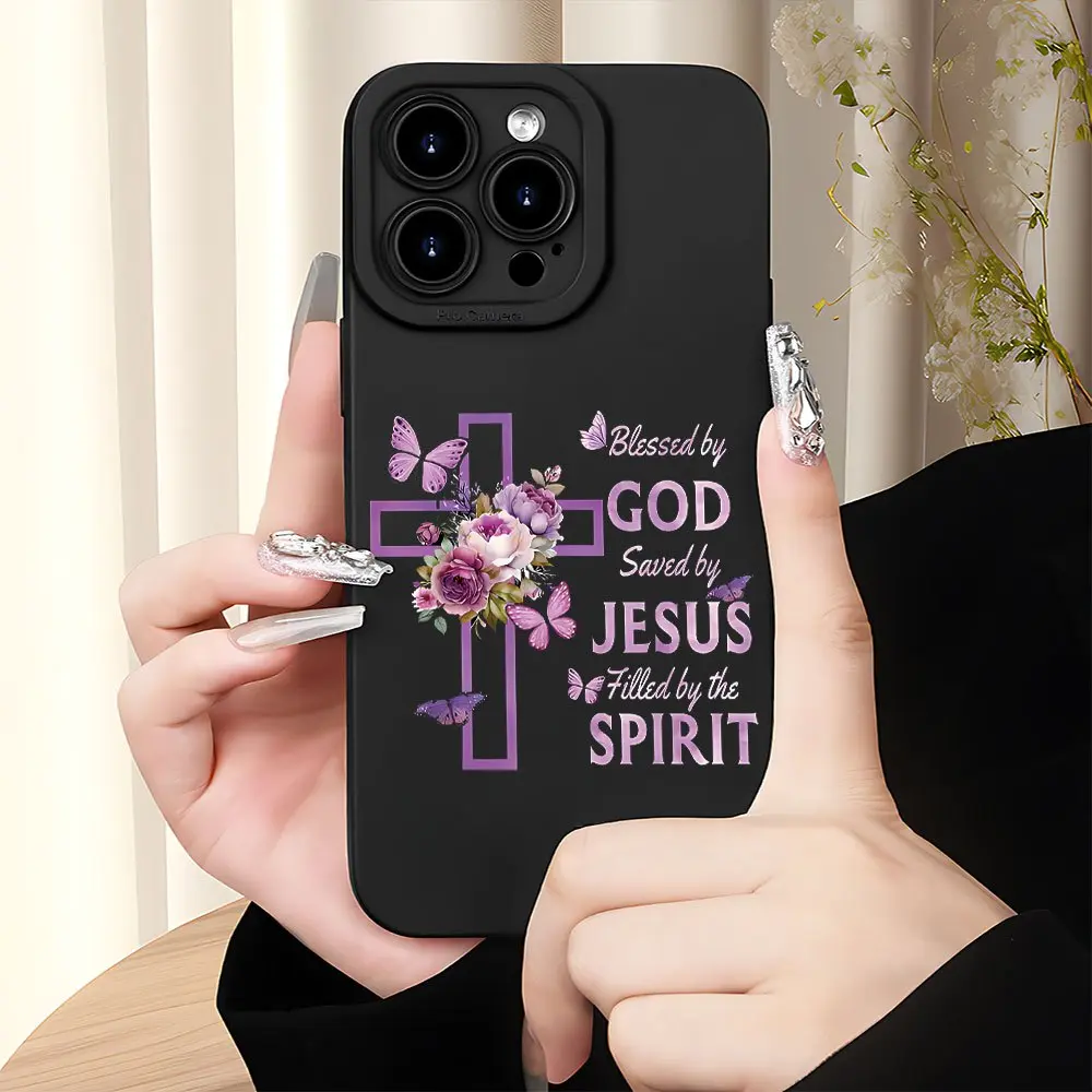 God Bless, Jesus Redeem, Purple Floral Cross Christian Design Phone Case Compatible with iPhone 16/15/14/13/12/11/7/8/7 8Plus/Xs/Xr/Xs Max/16Proplus16Promax, Fully Shockproof and Vibration Resistant Silicone Protection