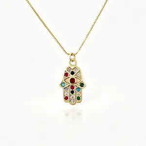 Colorful CZ Hamsa Hand Necklace, Gold Plated Evil Eye Protection & Abundance Charm, Spiritual Jewelry for Men & Women, Gift ideas