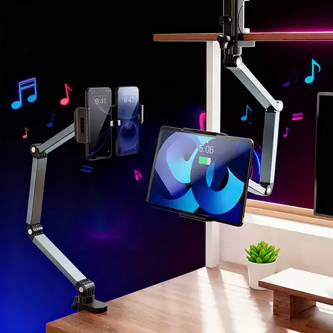 360° Rotatable Adjustable Collapsible Aluminium Alloy Gooseneck Tablet Stand Holder - Durable Plastic & Soft Silicone Guarding Base, Retractable Arm, Desk & Bed Mount for 4 to 15.6 inch Devices, Desk Gadgets (360° Tablet Stands & Bases)