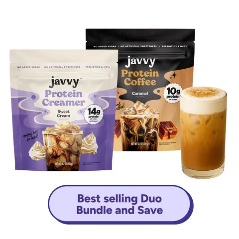 Javvy TikTok Exclusive Best Selling Duo Bundle Caramel Protein Coffee and Sweet Cream Protein Creamer Bundle Premium Whey Protein Instant Mix, 100% Natural, No Artificial Flavors & Sweeteners, No Added Sugar, 80 mg Caffeine Per Serving