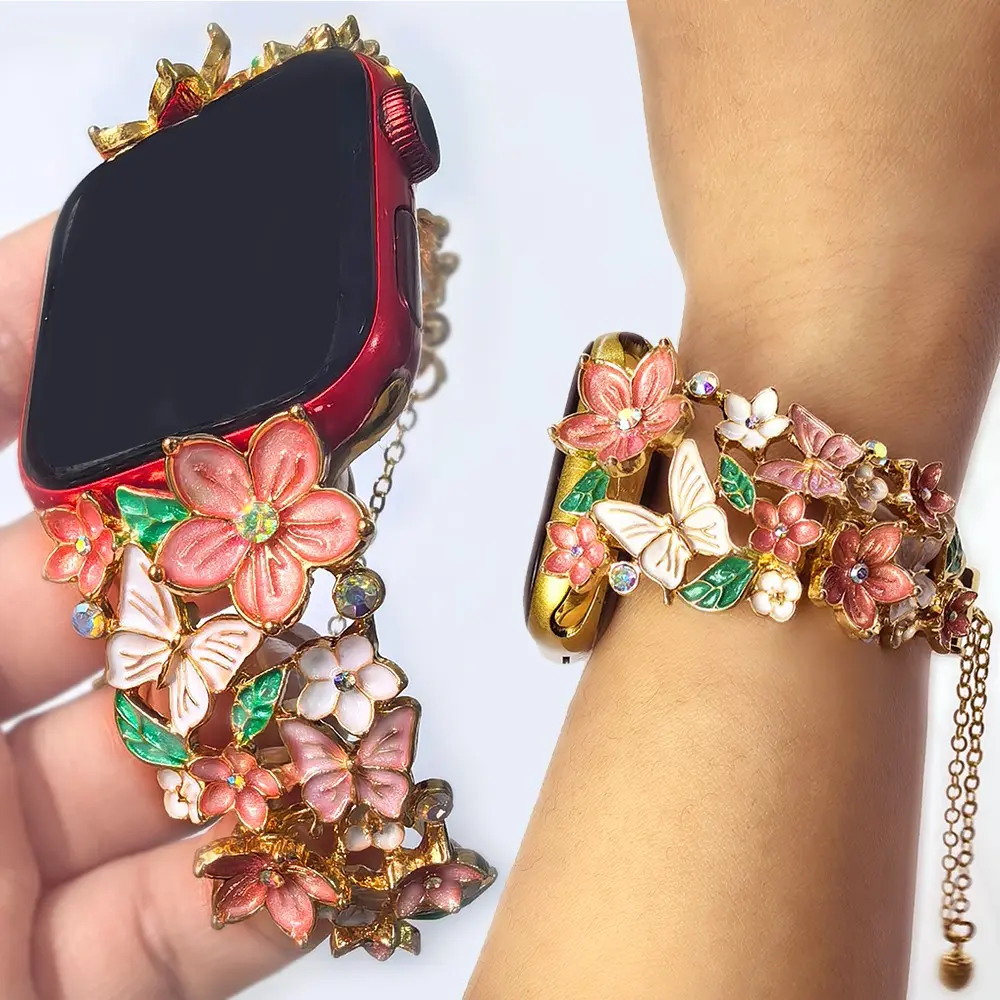 1 Pc Floral Watch Band for Women, Fashion Strap, Smart Watch Straps For Apple Watch 38/40/41/42/44/45mm, Enamel Metal Adjustable Watchband for Apple Watch Ultra 3/2/1 SE Series 1-12, Ladies Accessory, Smartwatch Accessories, Wearable Accessories