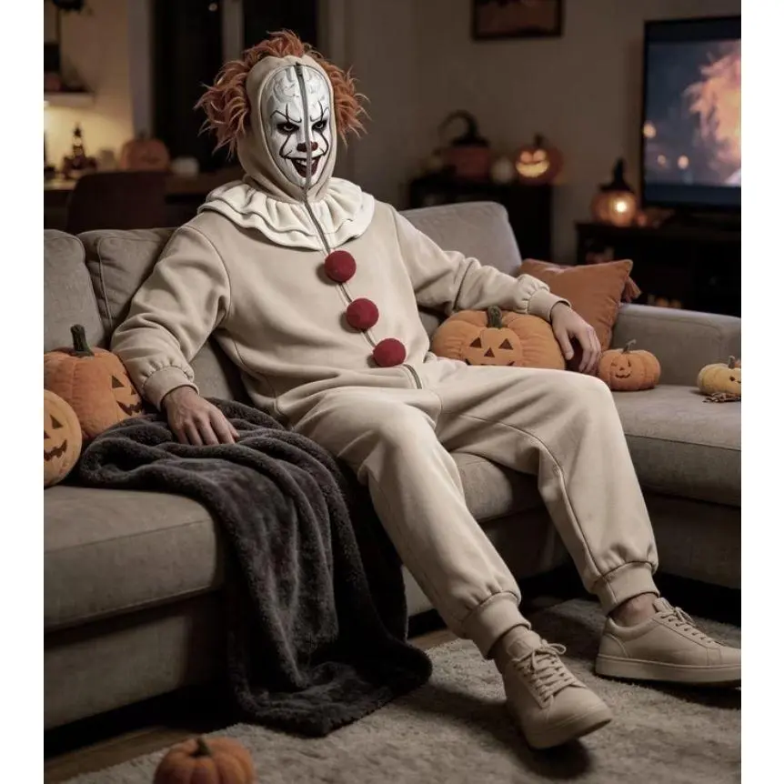2026 Halloween Costu-me Unisex Adult Horror Clown Fleece Hooded Onesie Oversized Zipper Loungewear Jumpsuit For Halloween Cosp*lay