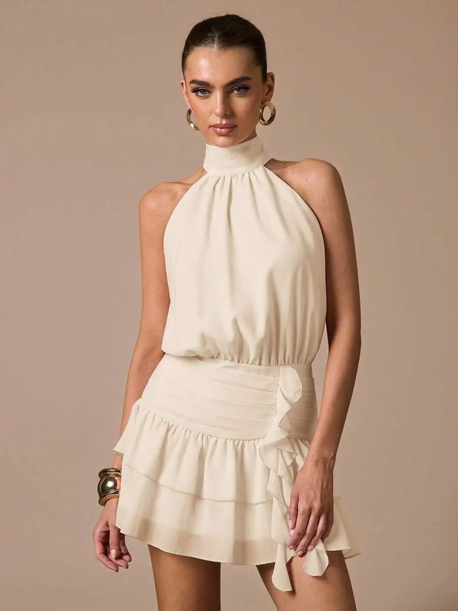 Ruffle Hem Mini Sundress,Summer Cream Date Night Fit Mini Dress,Suitable For Dates,Parties,Formal Gatherings