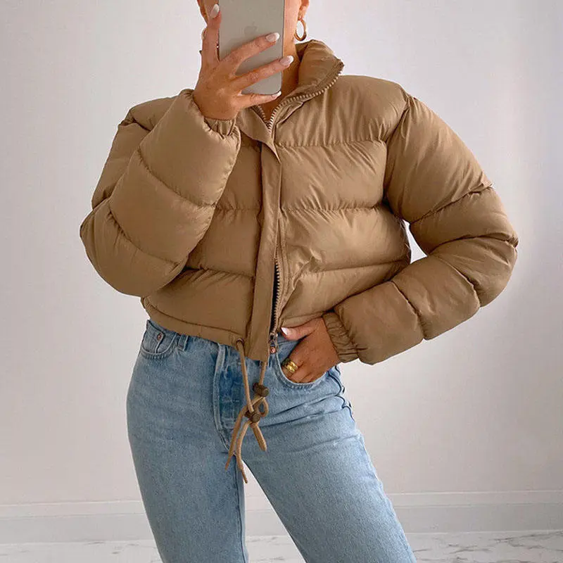 BIGWIG women's short down jacket, zipper thickened quilted short coat, drawstring winter down jacket, autumn and winter cotton jacket, windproof, waterproof and cold-proof cotton jacket, puffer jacket, fashionable zipper stand collar