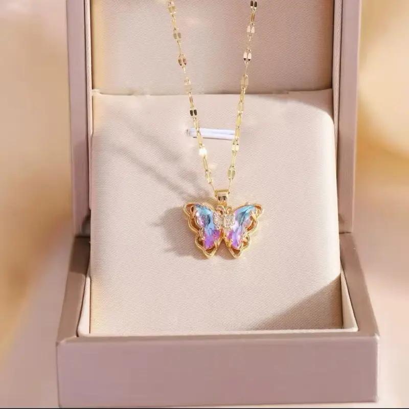 Bright Purple Butterfly Necklace - Elegant Design with Butterfly Motif and Colorful Beads