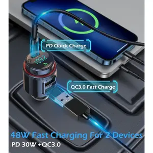 Car Bluetooth Adapter, Wireless FM Transmitter, USB C&QC3.0 Dual Fast Charging, Cigarette Lighter Radio Music, Supports Hands-Free Siri Google Assistant & USB Drive, HiFi Bass Sound