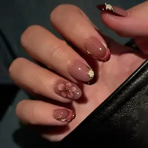 Vintage Almond Nail Shape French Style Ice Transparent Lily Daisy Design Removable Wearable Salon Quality Nails Set, 30 Pieces, Single Item Pack