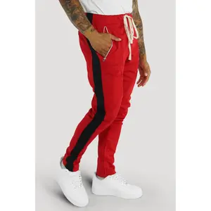 Premium Side Stripe Zip Pocket Track Pants (Red - Black)