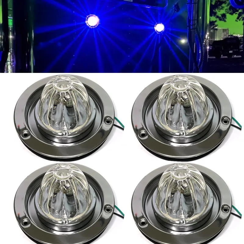 Set of 4 Glass Watermelon Style Clearance Lights — Available in Blue, White, Amber, Green, or Red — Equipped with Stainless Steel Round Bezels to Enhance Visibility.