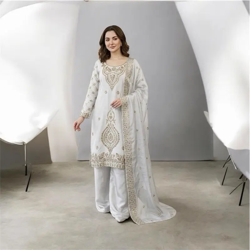 Women's Glass Silk Hand Embroidery Plazo Set - Heavy Work Kurta Tops, Ethnic Party Attire for Special Occasions