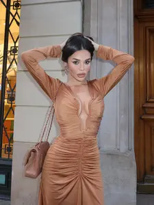 Elegant Long Sleeve Dress, Sexy Pleated Design, Pure Color, High-End Luxury, New Arrival, Perfect for Mature Women, Unique Style