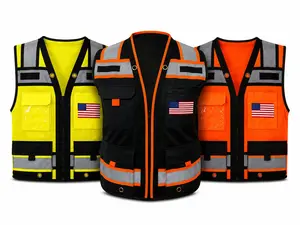 Superintendent Vest with custom USA Flag or other flags, High Visibility Reflective Safety, Mesh Safety Vest with Zipper and Multi pockets AMERICAN SIZE