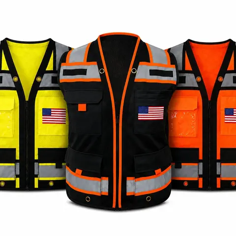 Superintendent Vest with custom USA Flag or other flags, High Visibility Reflective Safety, Mesh Safety Vest with Zipper and Multi pockets AMERICAN SIZE
