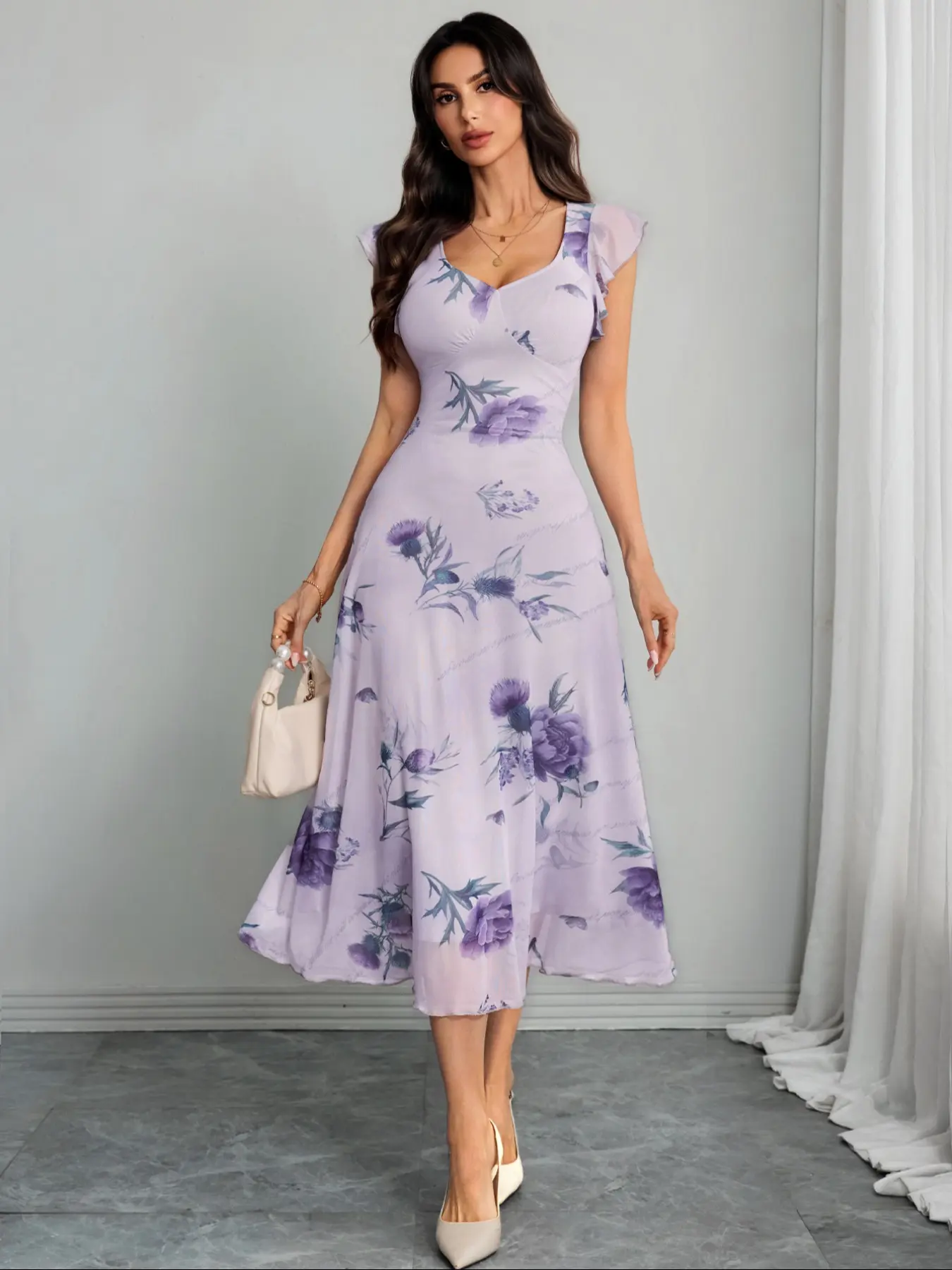 Women's Romantic Elegant Fresh Feminine Aesthetic Floral V-Neck Fitted Waist Cinched Mesh Patchwork Dress, Stylish Summer Fashion, Perfect for Casual Wear, Womenswear, Dresses for Party