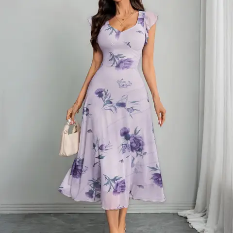 Women's Romantic Elegant Fresh Feminine Aesthetic Floral V-Neck Fitted Waist Cinched Mesh Patchwork Dress, Stylish Summer Fashion, Perfect for Casual Wear, Womenswear, Dresses for Party