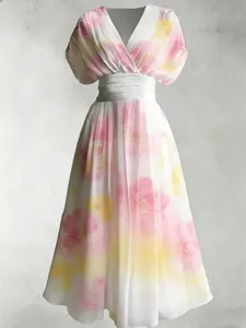 Floral Print V Neck Bubble Sleeve Ruched Dress, Elegant Summer Long Dress, Fitted Casual Dress for Women, Perfect for Daily Wear, Dates, Beach Vacations