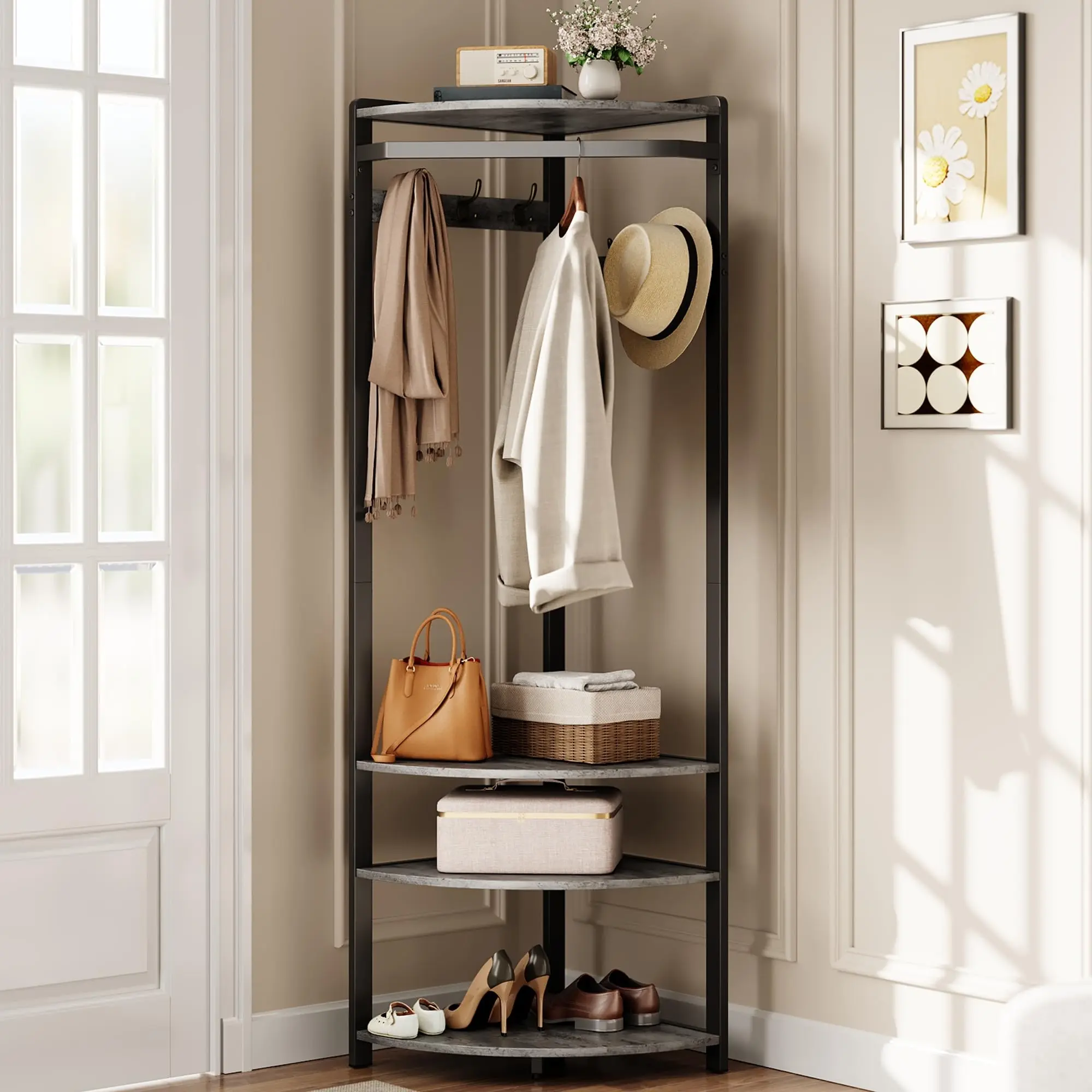 Corner Coat Rack with Shoe Bench Entryway, Corner Hall Tree with 6 Double Hooks, Corner Clothes Rack with Storage Corner Tree for Hallway,Closet,Gray