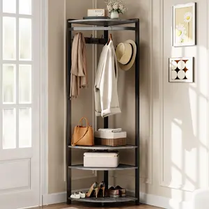 Corner Coat Rack with Shoe Bench Entryway, Corner Hall Tree with 6 Double Hooks, Corner Clothes Rack with Storage Corner Tree for Hallway,Closet,Gray