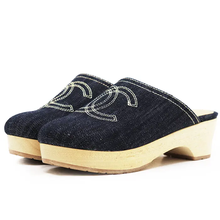 Pre-owned CHANEL Wood Small Leather Goods Wooden Platform Mules