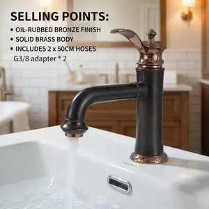 Vintage Carved Rose Basin Faucet, Cold Hot Dual Control Industrial Style Bathroom Sink Tap, G1/2 Interface with 2x50cm Soft Tubes