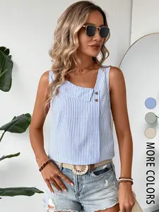 French style fresh striped sloping sleeveless shirt with multiple colors to choose from, stylish commuting vest, versatile for daily/workplace, slimming top