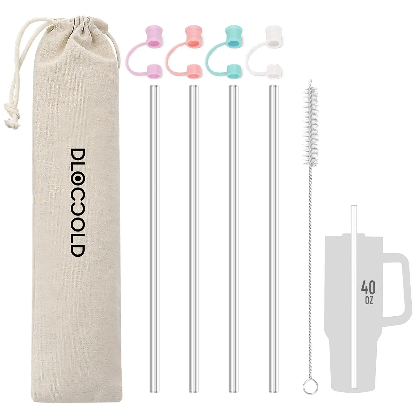 Reusable Drinking Straw Set, Including 4 Straw & 4 Random Color Straw Topper & 1 Straw Brush, Straw & Straw Cap Set for 40 oz Tumbler (Tumbler Not Inc
