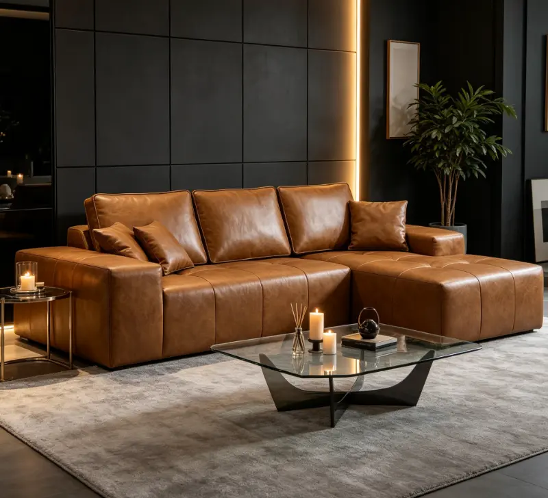 Brown Faux Leather Cloud Modular L-Shaped Deep-Seat Boneless No-Assembly Chaise Sectional Sofa, Indoor Living Room Furniture Couch