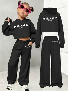 【Two-piece set】Girls' spring and autumn fashion new "MILANO" letter cropped sweatshirt + casual wide-leg pants two-piece set, spring and autumn lazy style, also suitable for early winter, street trendy and cool style, magic cool girl.