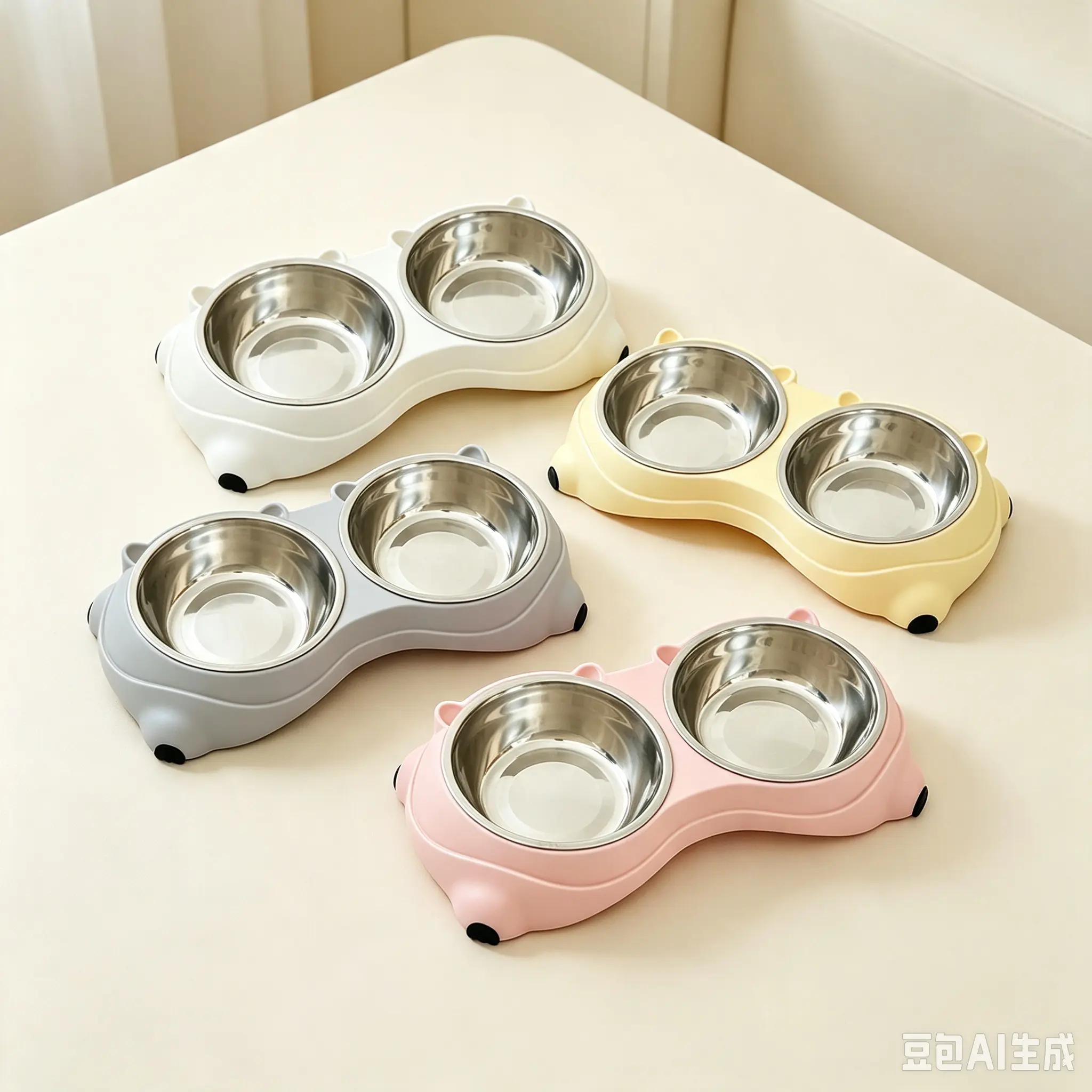 Cute Bear Ear Pet Double Bowl Stainless Steel Cat Dog Bowl Anti‑Slip Anti‑Tip Food Water Feeder Easy to Clean for Small Pets