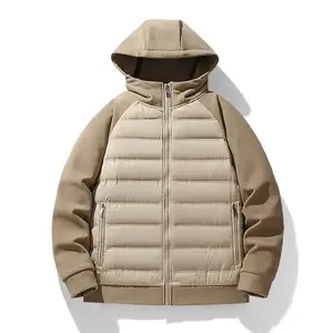 Men's Khaki Hooded White Duck Down Jacket - Zipper Quilted Coat with Color Block Sleeves