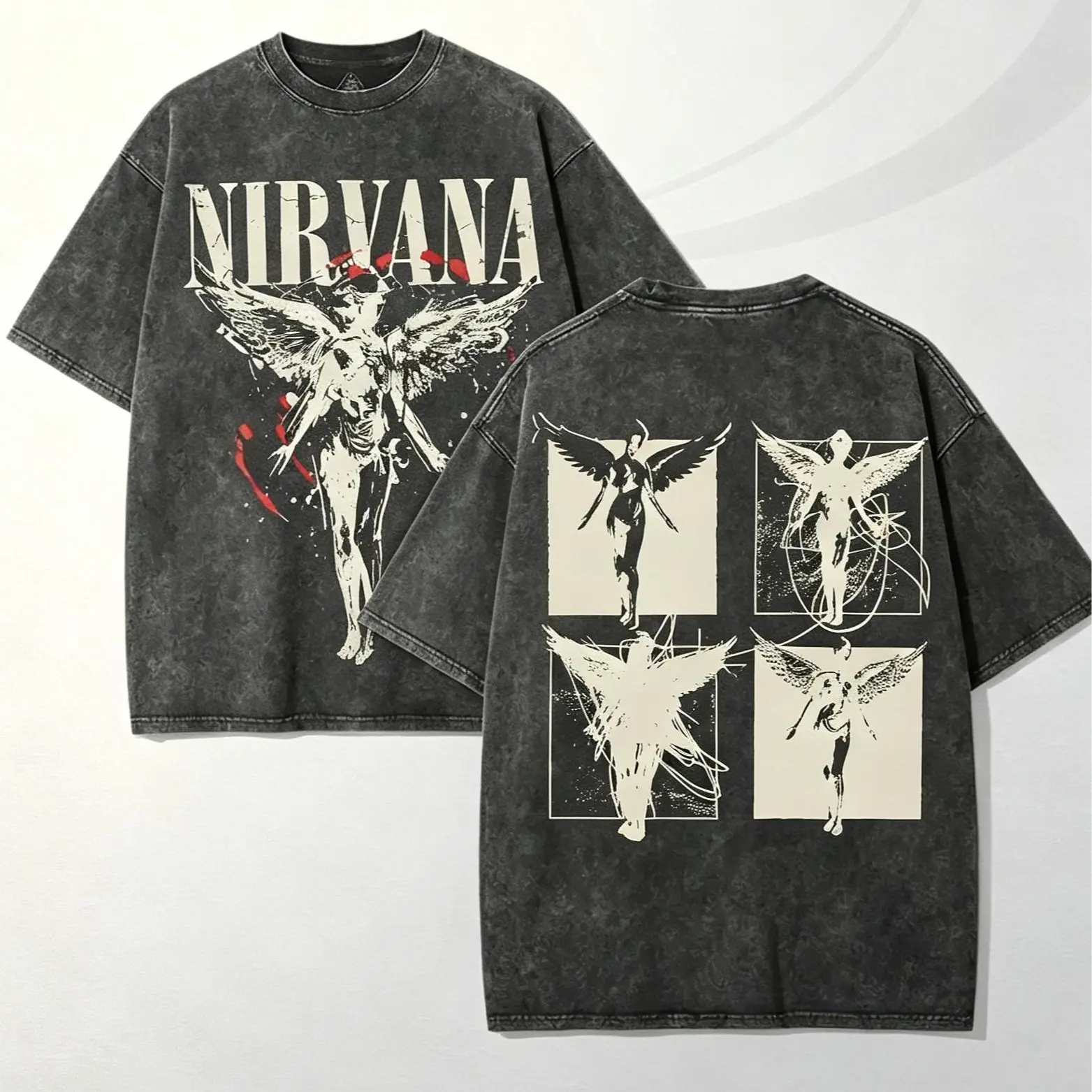 ArcT Menswear Men's 100% Cotton Oversized Baggy Round Neck Short-Sleeve Graphic Tshirt - 90s Grunge Rock Retro Dark Streetwear Casual Top with Vintage Acid Wash Fallen Angel Print
