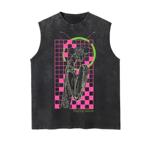 Praying Mantis Washed Tank Top, Grunge Bugcore Top, Gift For Insect Lovers, Vintage Casual Crewneck Short Sleeves Menswear T-shirt Classic Cotton Fabric Streetwear