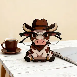 Wooden Cowboy Cow Glasses Frame&Fashion Glasses Display Stand - Glasses Storage Stand&Desktop Fun Ornament Multi functional Ornament, Cartoon Animal Image, Suitable for Home Office, Fun Wooden Home Furnishings, Glasses Holder